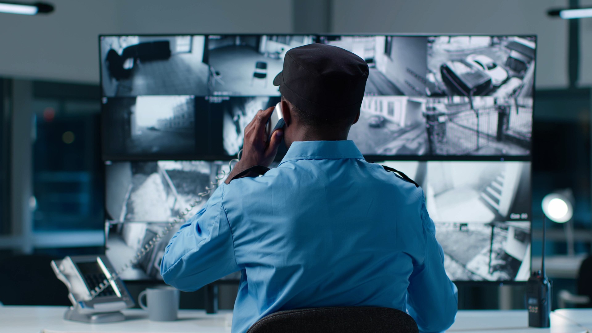 Back view of African-American security officer in system control room answer phone call